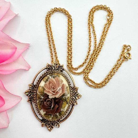Vintage Sarah Coventry Rose Marie Floral Rose Victorian Revival Pendant Necklace - Picture 1 of 13